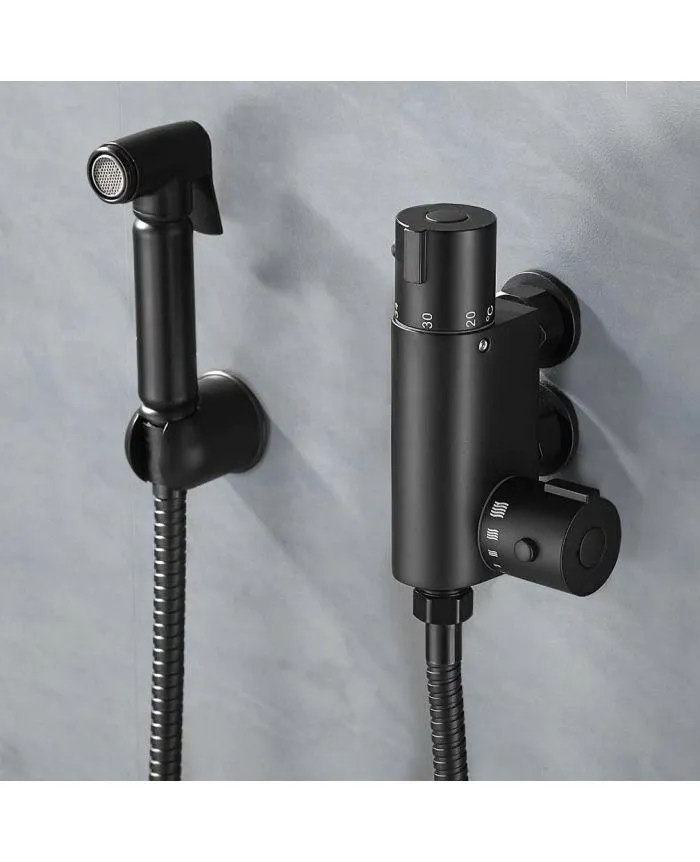 A black shower faucet with two handset.
