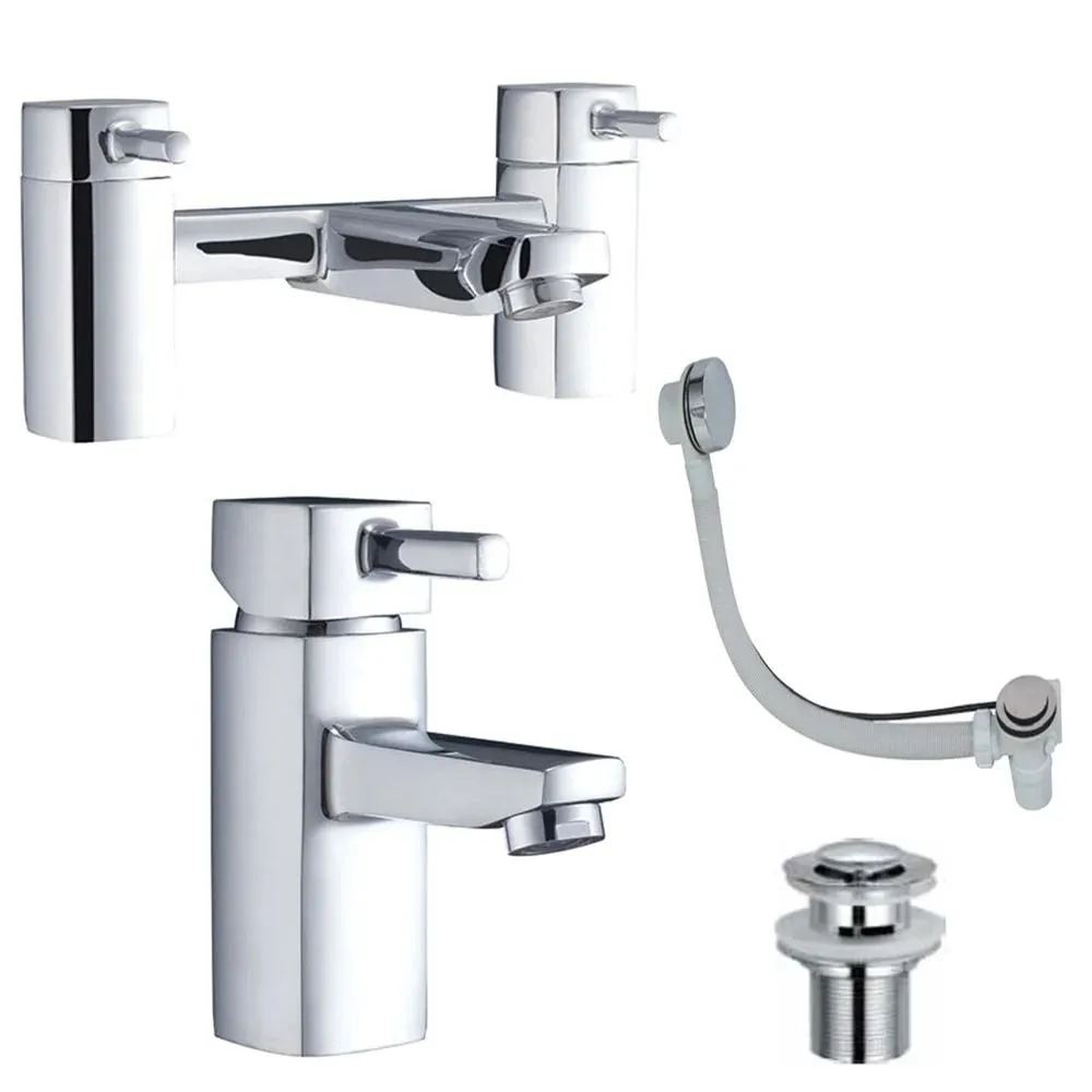 A bathroom faucet with two handles and a hand shower head.