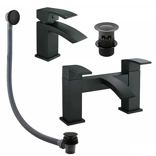 A black faucet with a hose attached to it.